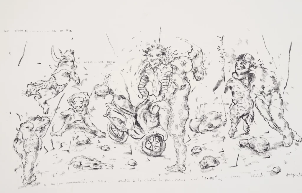 Soly Cissé, Six jours mouvementés, 2005, Le Monde Perdu, charcoal drawing, 70 x 105 cm