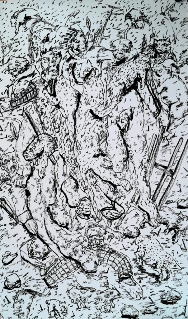 Soly Cissé, Le Monde Perdu, 2005, charcoal drawing, 150 x 90 cm